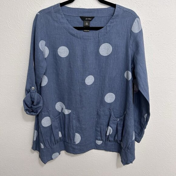 Ali Miles 100% Linen Blue Chambra Polka Dot Artsy Pointed Hem Tab Sleeve Top S - Picture 3 of 12